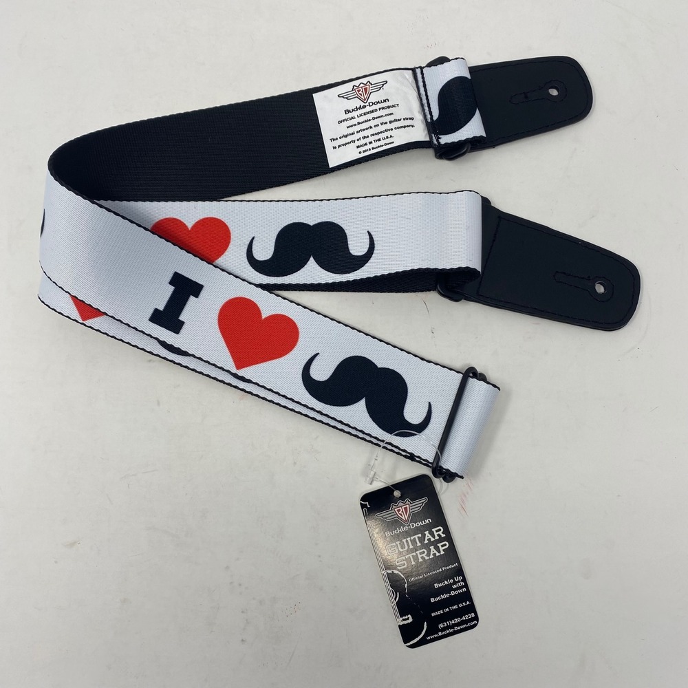 Buckle-Down Guitar Strap I Heart Mustache White Red Black Made in USA GS-W30416